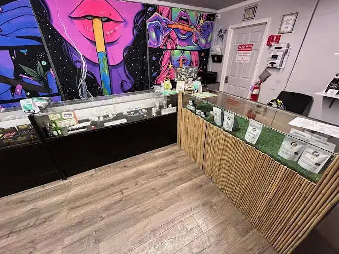 Interior of Lucky Cat Cannabis dispensary featuring colorful wall art, bamboo display counters, and cannabis products