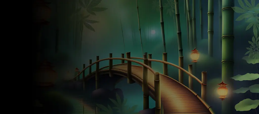 Bamboo forest with cannabis plants and a bridge
